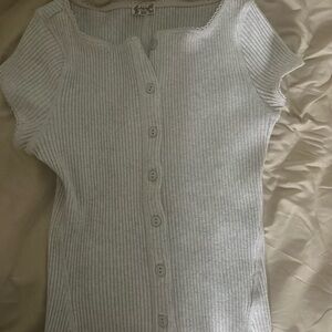 Free People White Ribbed Button-Down Top